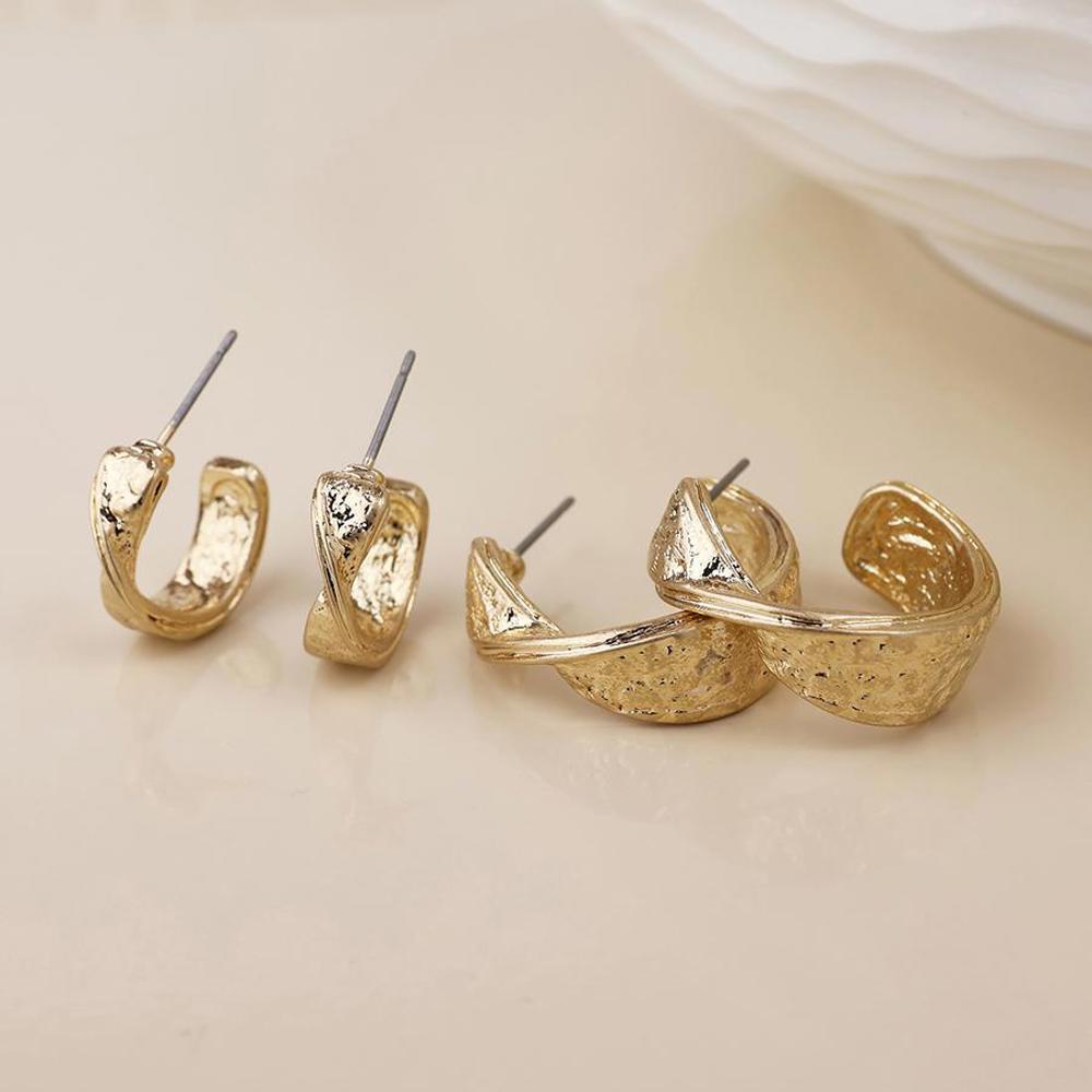 Peace of Mind Molten Twist Hoop Earring Set Worn Gold
